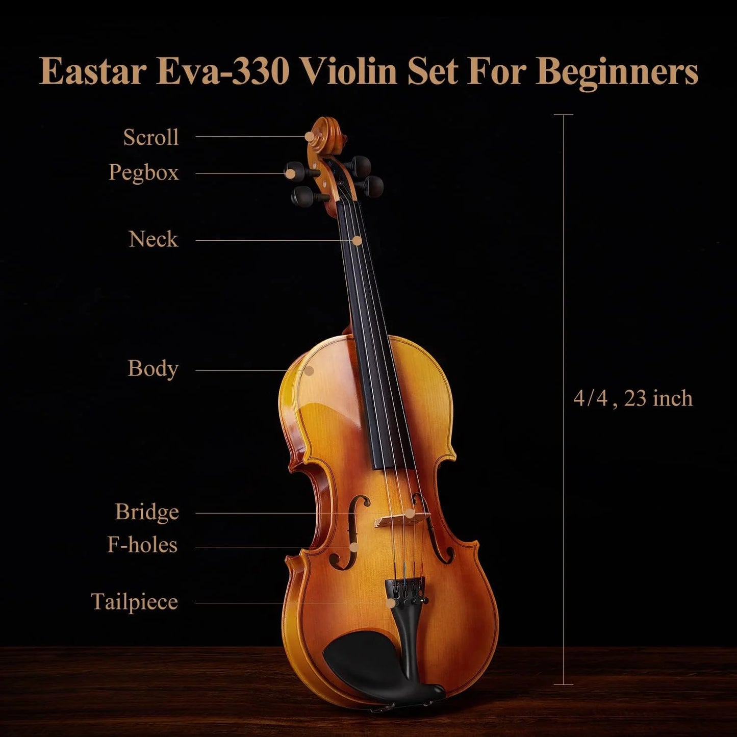 4/4 Violin Set for Adults Solidwood Full Size Fiddle with Hard Case, Shoulder Rest, Rosin, Two Bows, Clip-On Tuner and Extra Strings, EVA-330