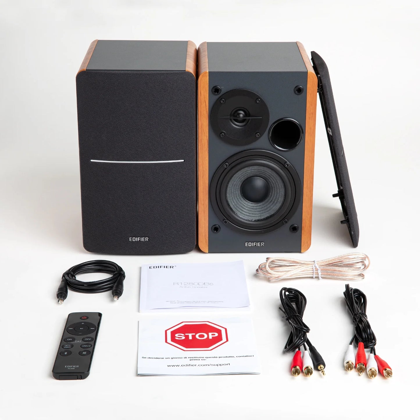 R1280Dbs Active Bluetooth Bookshelf Speakers - Optical Input - 2.0 Wireless Studio Monitor Speaker - 42W RMS with Subwoofer Line Out - Wood Grain