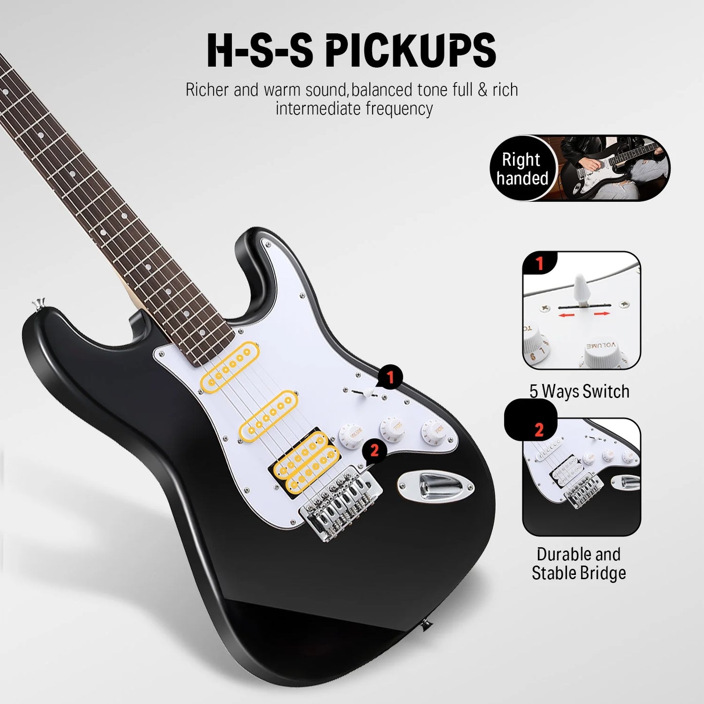 Electric Guitar for Beginner Solid Body 39" HSS Pick up for Starter, Black