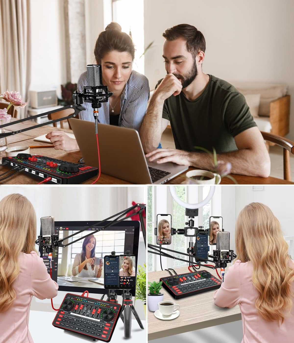 Audio Mixer with Sound Card, Portable Podcast Equipment Bundle with XLR to 3.5Mm Studio Microphone, Audio Interface Sound Board Voice Changer for PC Recording Gaming Live Streaming Podcast