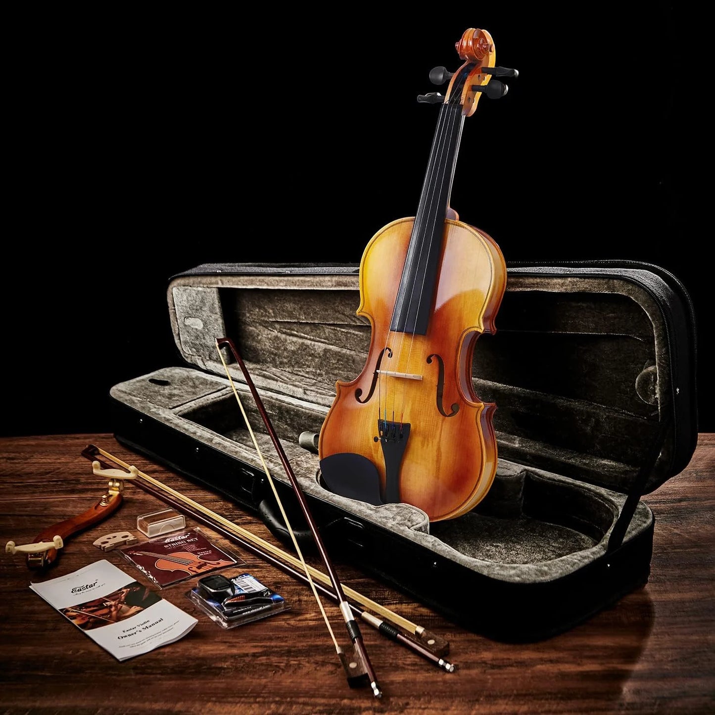 4/4 Violin Set for Adults Solidwood Full Size Fiddle with Hard Case, Shoulder Rest, Rosin, Two Bows, Clip-On Tuner and Extra Strings, EVA-330