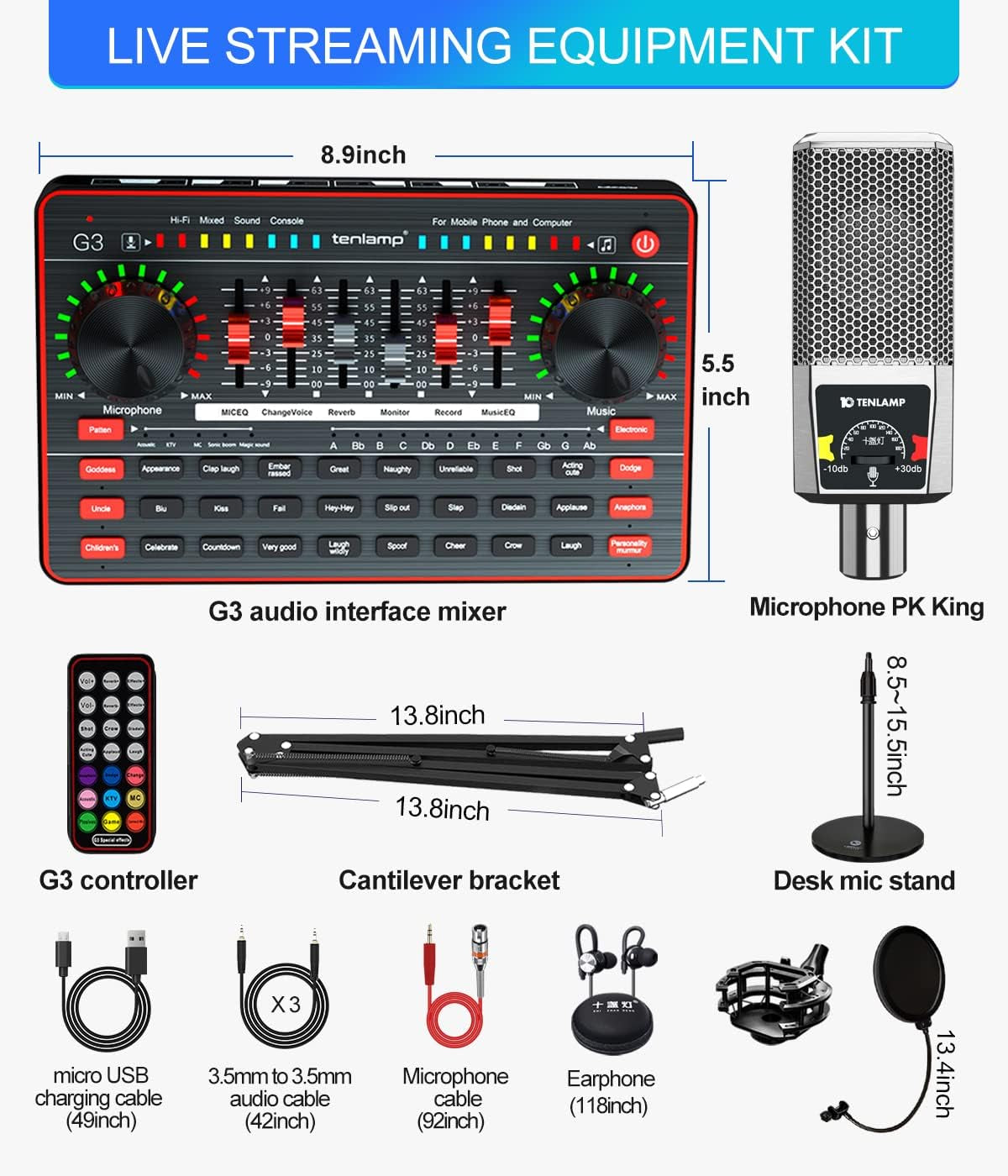 Audio Mixer with Sound Card, Portable Podcast Equipment Bundle with XLR to 3.5Mm Studio Microphone, Audio Interface Sound Board Voice Changer for PC Recording Gaming Live Streaming Podcast
