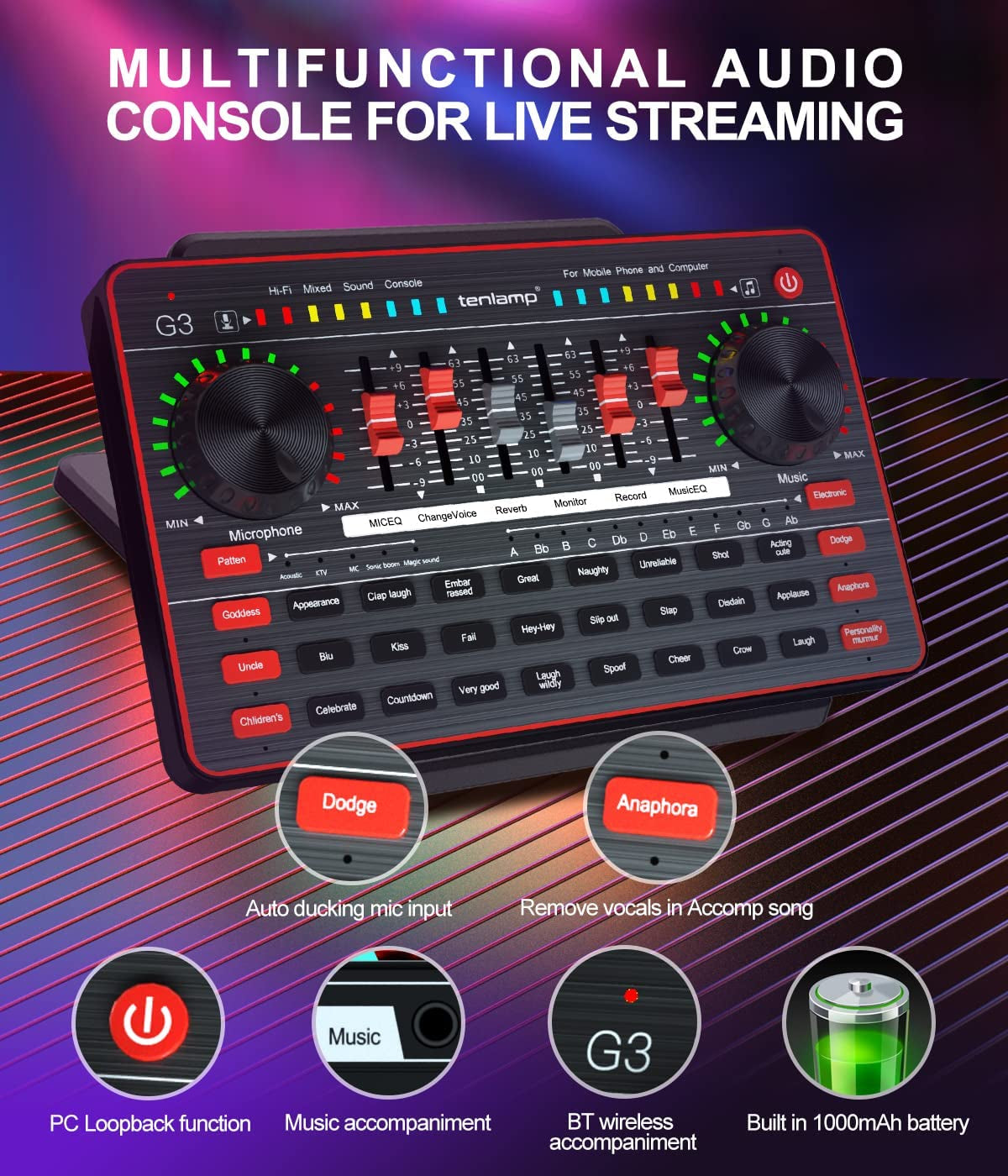 Audio Mixer with Sound Card, Portable Podcast Equipment Bundle with XLR to 3.5Mm Studio Microphone, Audio Interface Sound Board Voice Changer for PC Recording Gaming Live Streaming Podcast