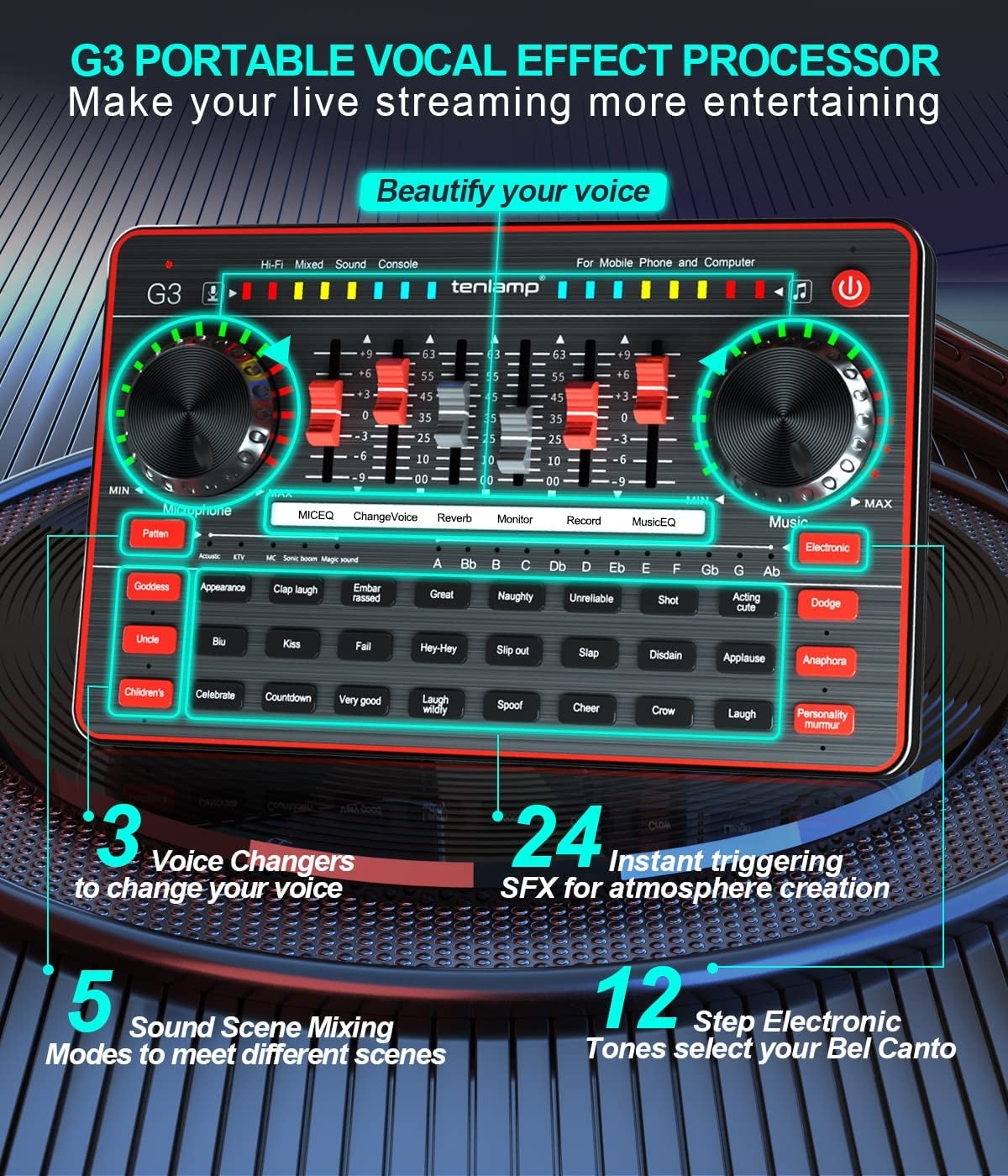 Audio Mixer with Sound Card, Portable Podcast Equipment Bundle with XLR to 3.5Mm Studio Microphone, Audio Interface Sound Board Voice Changer for PC Recording Gaming Live Streaming Podcast