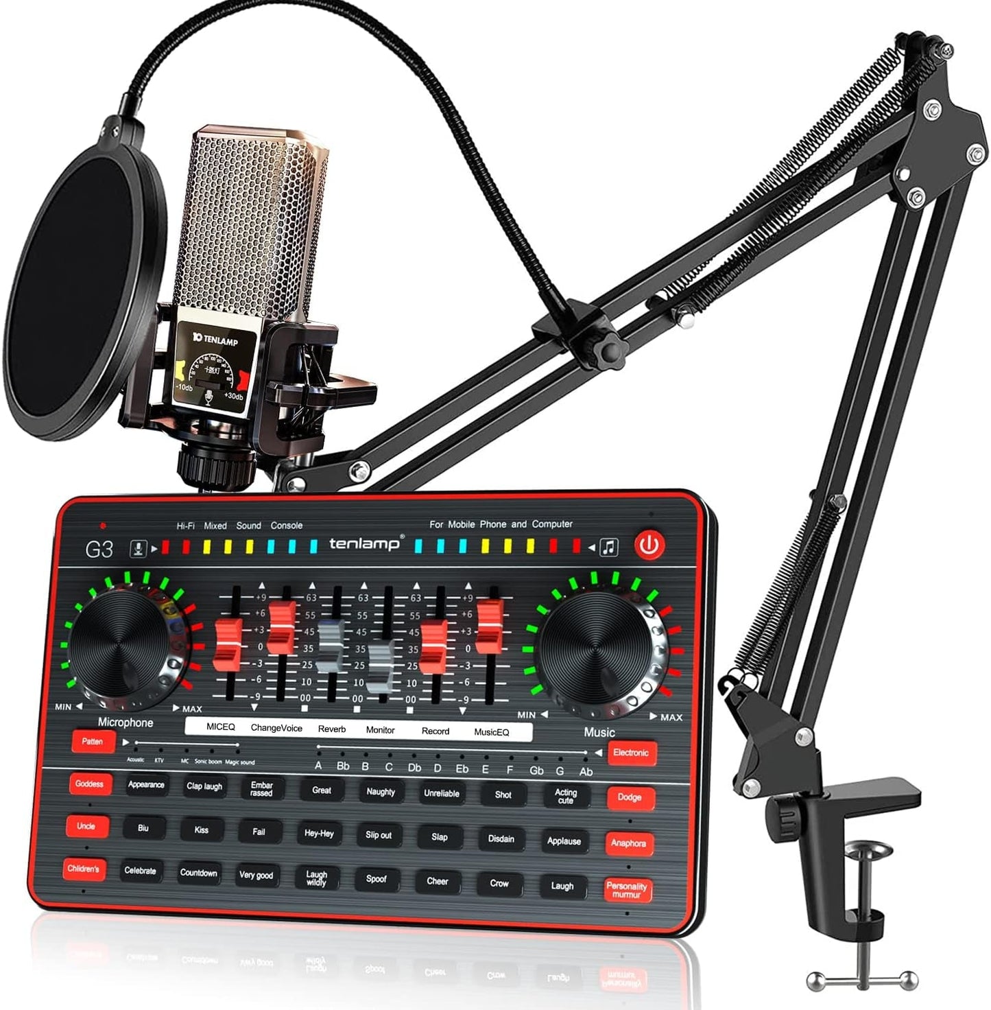 Audio Mixer with Sound Card, Portable Podcast Equipment Bundle with XLR to 3.5Mm Studio Microphone, Audio Interface Sound Board Voice Changer for PC Recording Gaming Live Streaming Podcast