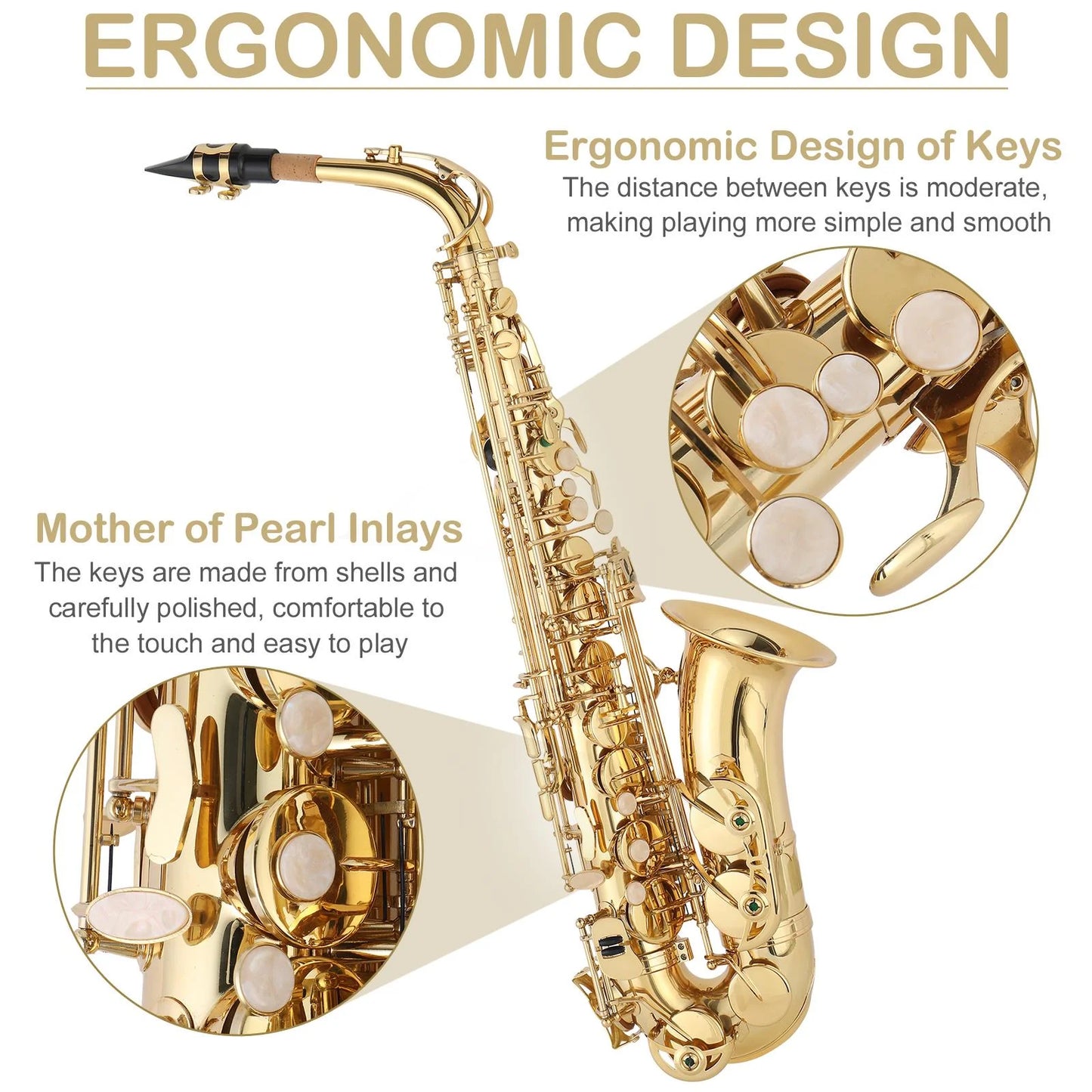 Professional Alto Drop E Saxophone Sax with Case, Gold