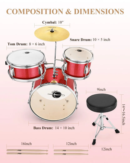 Drum Set for Kids 14 Inch 3-Piece Drums Kit Child Beginners Jazz Musical Instrument, Throne, Cymbal, Pedal, Drumsticks, Red
