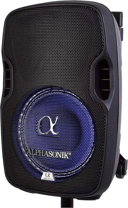 15" Portable Rechargeable Battery Powered 1500W PRO DJ Amplified Loud Speaker with 2 Wireless Microphones Echo Bluetooth USB SD Card AUX MP3 FM Radio PA System LED Ring Karaoke Tripod Stand