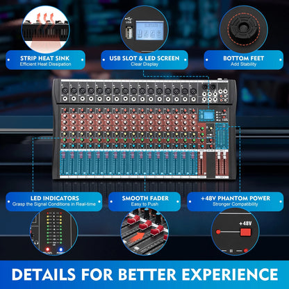 Professional 16 Channel Sound Mixing Console Board USB DJ Wireless Bluetooth Audio Mixer