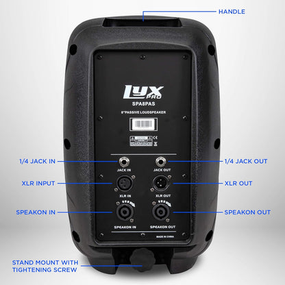 8" Inch Passive DJ PA Speaker System Xlr,1/4,Speakon, Connections Daisy Chain Compatible, 8 Ohm, Lightweight, Stand Mountable,