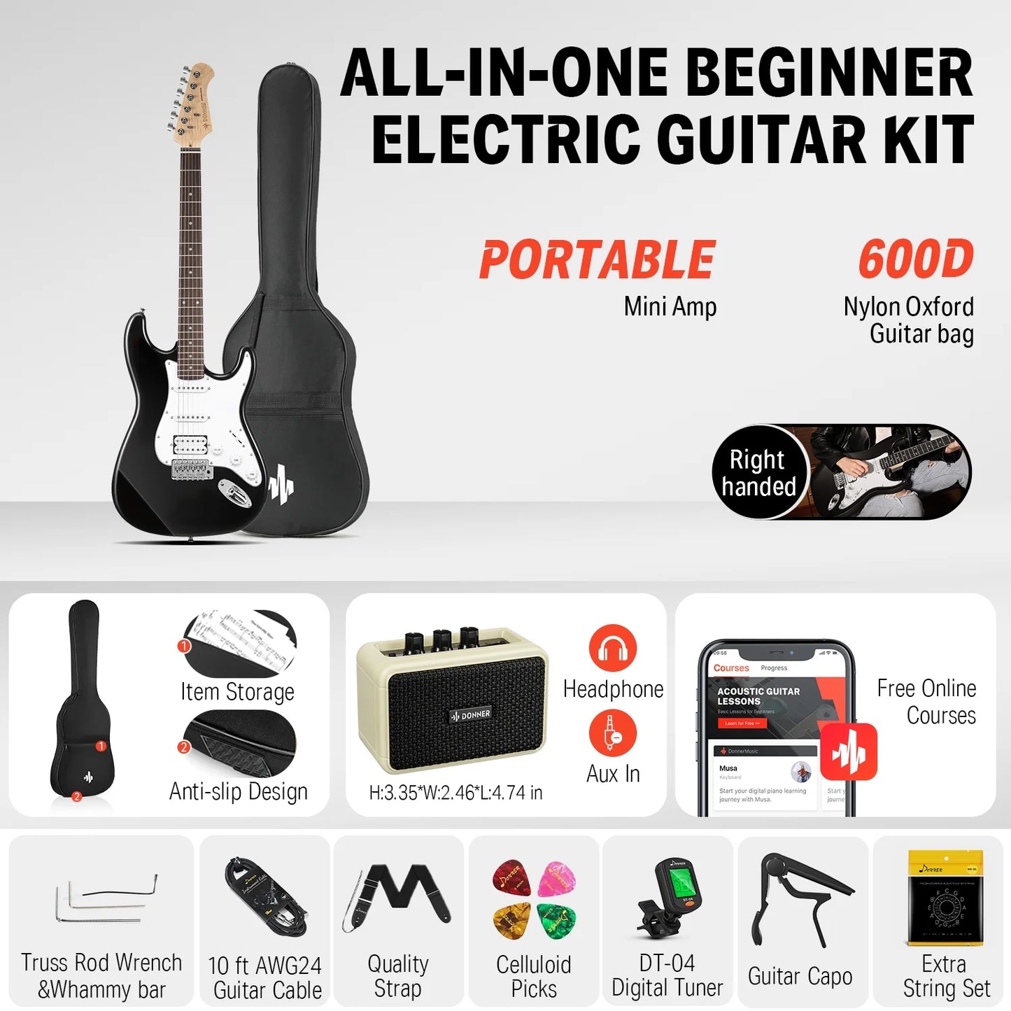 Electric Guitar for Beginner Solid Body 39" HSS Pick up for Starter, Black