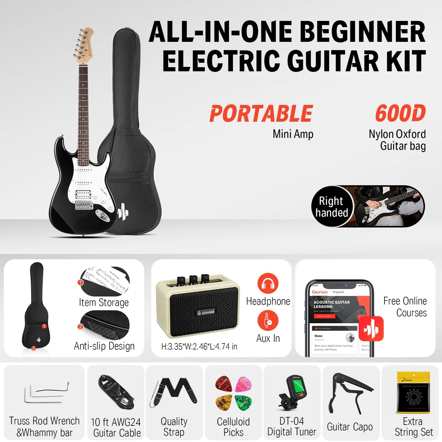 Electric Guitar for Beginner Solid Body 39" HSS Pick up for Starter, Black