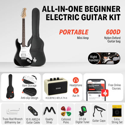 Electric Guitar for Beginner Solid Body 39" HSS Pick up for Starter, Black