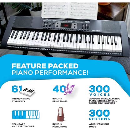 61 Key Keyboard Piano for Beginners with Speakers, Stand, Bench, Headphones, Microphone, Sheet Music Stand, 300 Sounds