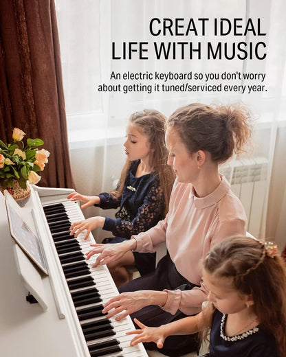 DDP-100 88-Key Weighted Action Digital Piano for Beginner Bundle with Piano Keyboard Stand, Power Adapter, Triple Pedals, MP3 Function, USB-MIDI, 2 Headphone Jacks, White, Melodics Lessons