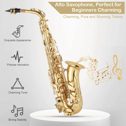 Professional Alto Drop E Saxophone Sax with Case, Gold