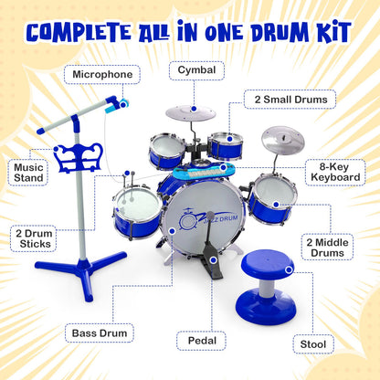 Kids Drum Kit with 8-Keys Keyboard, Microphone and 2 Drumsticks