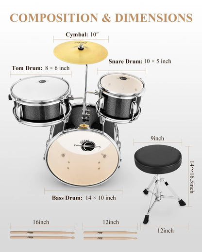 Kids Drums Toys 3 Piece 14 in Percussion Musical Instrument, Drumming Kit for Beginners, Metallic Black