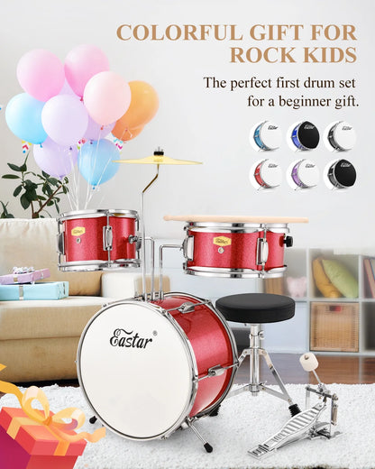 Drum Set for Kids 14 Inch 3-Piece Drums Kit Child Beginners Jazz Musical Instrument, Throne, Cymbal, Pedal, Drumsticks, Red