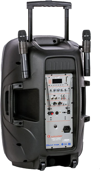 15" Portable Rechargeable Battery Powered 1500W PRO DJ Amplified Loud Speaker with 2 Wireless Microphones Echo Bluetooth USB SD Card AUX MP3 FM Radio PA System LED Ring Karaoke Tripod Stand