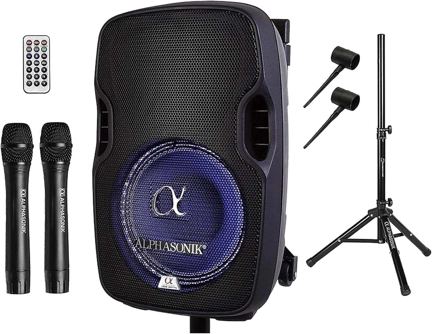 15" Portable Rechargeable Battery Powered 1500W PRO DJ Amplified Loud Speaker with 2 Wireless Microphones Echo Bluetooth USB SD Card AUX MP3 FM Radio PA System LED Ring Karaoke Tripod Stand