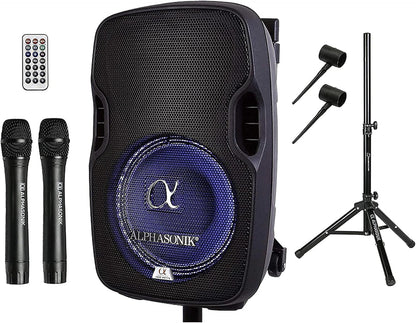 15" Portable Rechargeable Battery Powered 1500W PRO DJ Amplified Loud Speaker with 2 Wireless Microphones Echo Bluetooth USB SD Card AUX MP3 FM Radio PA System LED Ring Karaoke Tripod Stand