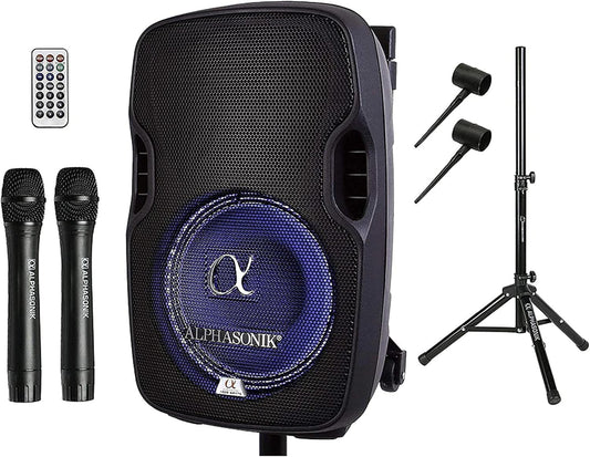 15" Portable Rechargeable Battery Powered 1500W PRO DJ Amplified Loud Speaker with 2 Wireless Microphones Echo Bluetooth USB SD Card AUX MP3 FM Radio PA System LED Ring Karaoke Tripod Stand