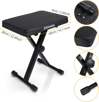 Piano Bench, Adjustable Keyboard Bench Portable Stool Collapsible Chair Foldable Seat X-Style, 1.6 Inch Thickness High-Density Sponge Padded, Non-Skid Design, Black