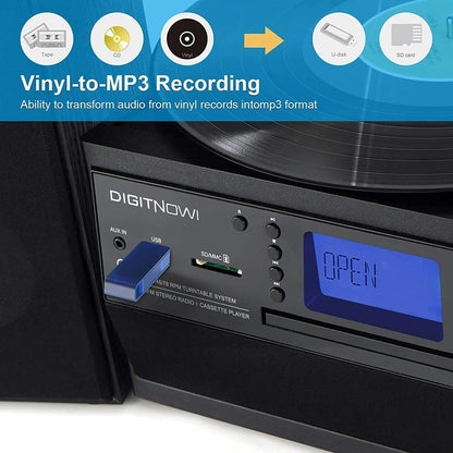 Record Player Bluetooth Turntable with Stereo Speaker, CD Player, Cassette, Radio, Aux in and SD Encoding, Remote Control, Audio Music Player Built in Amplifier