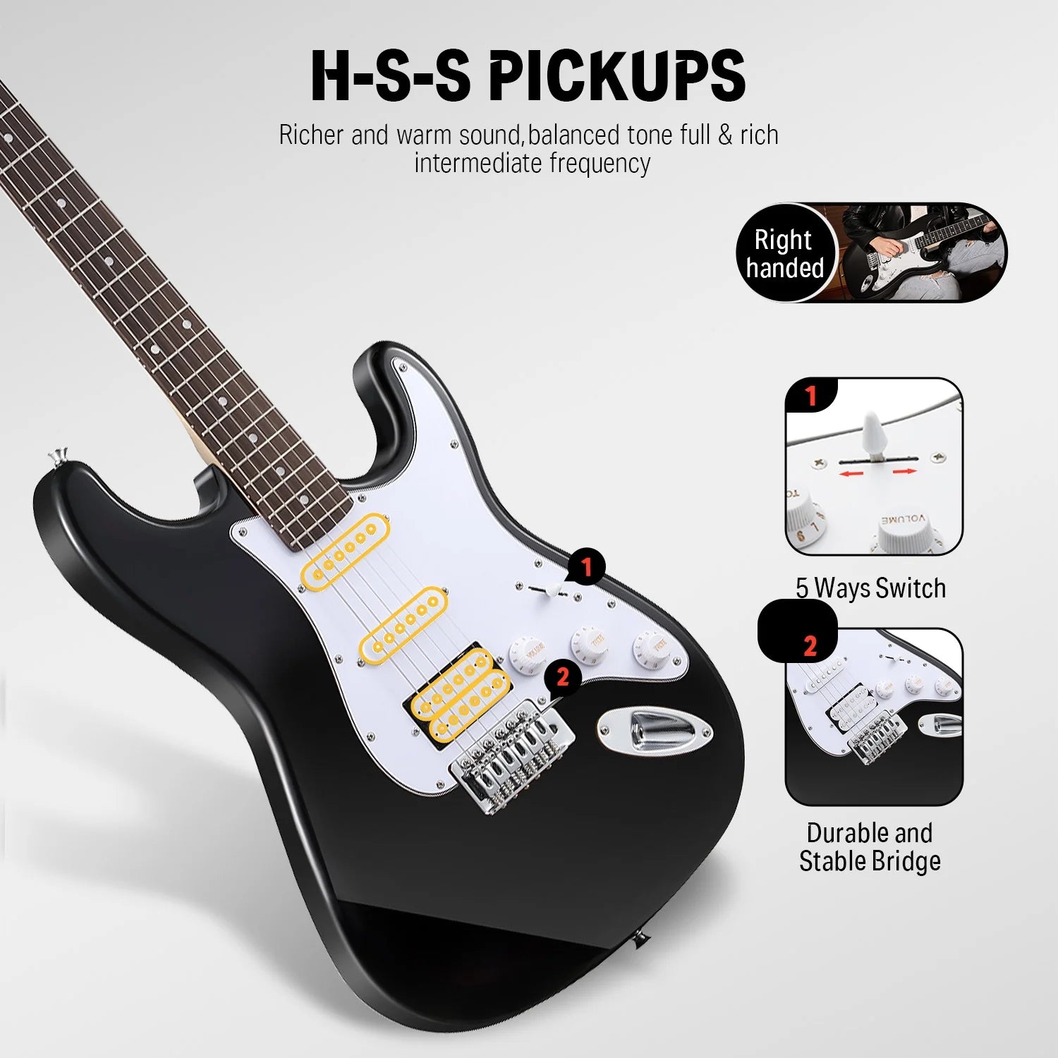 Electric Guitar for Beginner Solid Body 39" HSS Pick up for Starter, Black