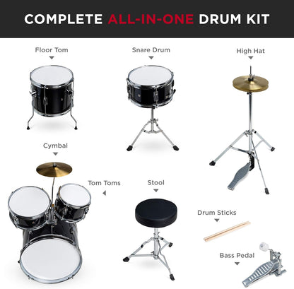 Kids Drum Set 5-Piece 16In Beginner Drum Set Junior Drum Kit, Starter Percussion Set W/Cymbals, Pedal, Drumsticks, Stool, Toms, Snare, Hi Hat - Black