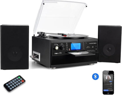 Record Player Bluetooth Turntable with Stereo Speaker, CD Player, Cassette, Radio, Aux in and SD Encoding, Remote Control, Audio Music Player Built in Amplifier