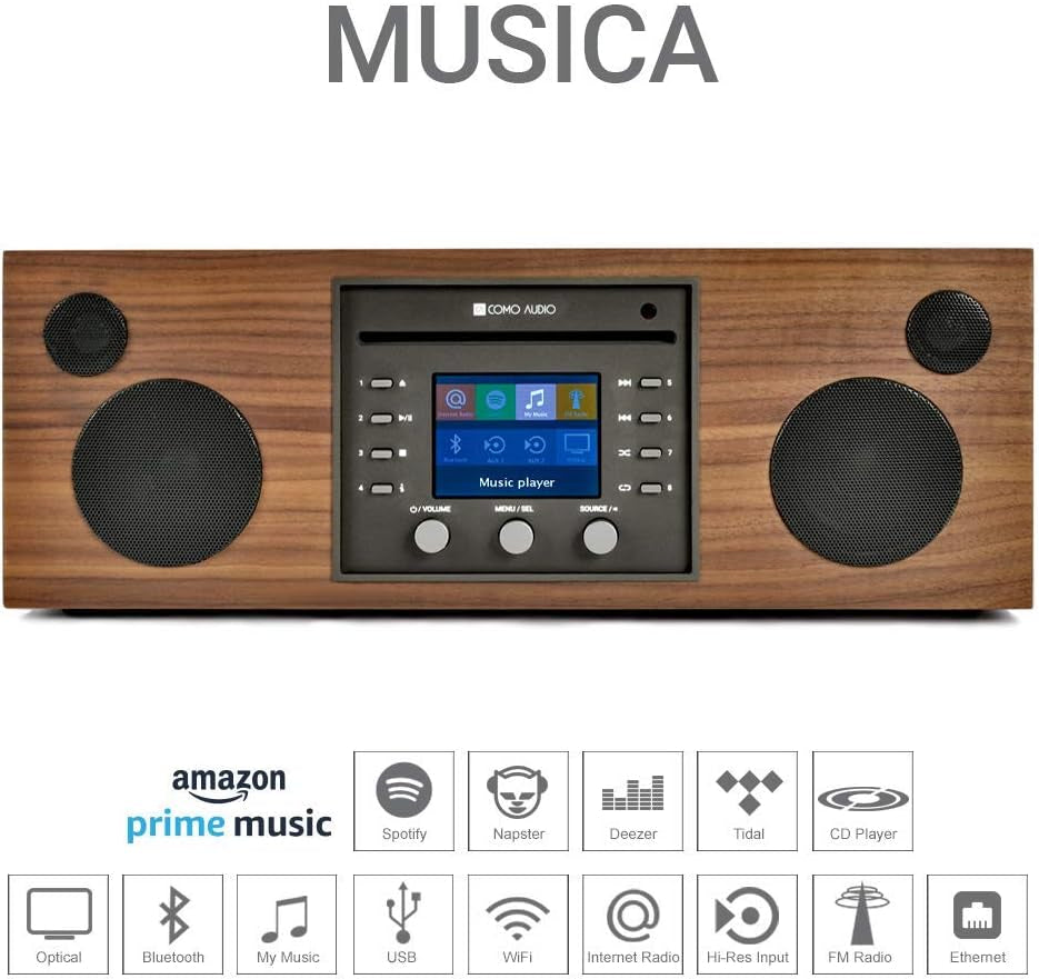 : Musica - Wireless Music System with CD Player, Internet Radio, Spotify Connect, Wi-Fi, FM, Bluetooth and One Touch Streaming - Walnut/Black