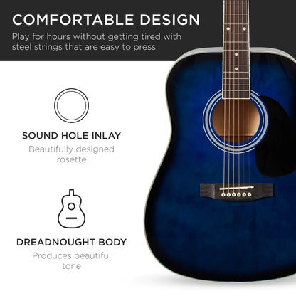 41In Full Size All-Wood Acoustic Guitar Starter Kit W/Gig Bag, E-Tuner, Pick, Strap, Rag - Blue