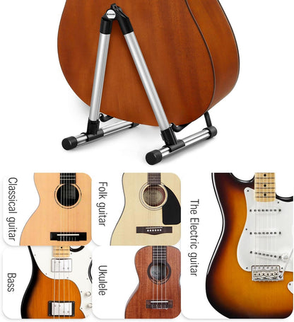 Guitar Stand, Adjustable Folding Acoustic Electric Guitar Stands Floor, Classical Metal Travel Stand for Bass Mandolin Bass Banjo Ukulele (Silver) - DS-1