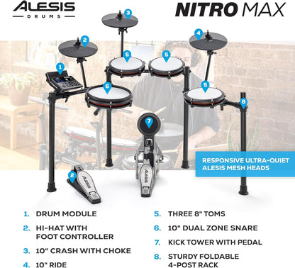 Alesis Nitro Max Electric Drum Kit – Mesh Pads, USB MIDI, 440+ Sounds, Bluetooth