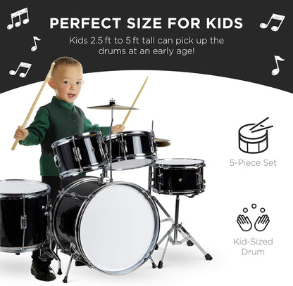 Kids Drum Set 5-Piece 16In Beginner Drum Set Junior Drum Kit, Starter Percussion Set W/Cymbals, Pedal, Drumsticks, Stool, Toms, Snare, Hi Hat - Black