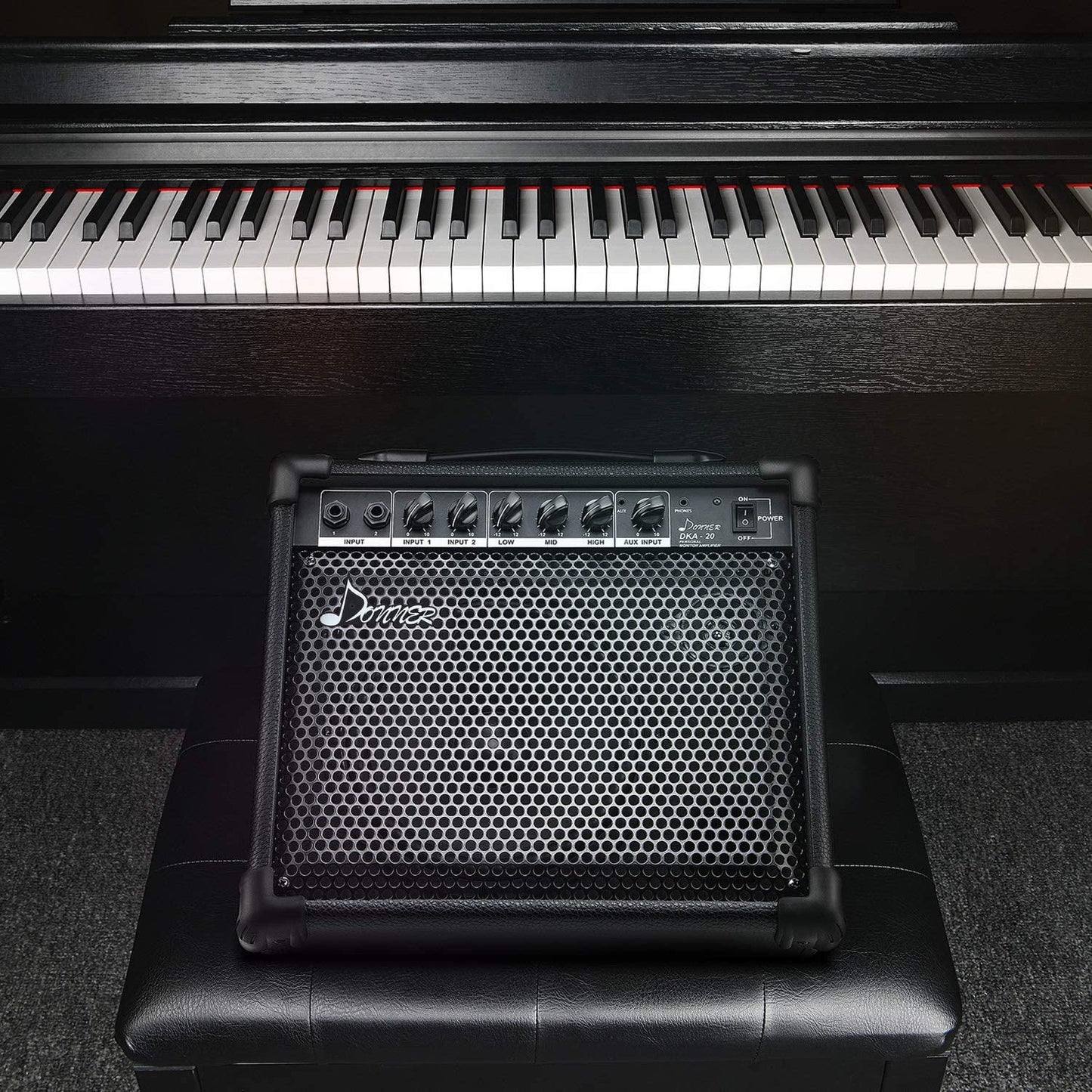 DKA-20 Keyboard Amplifier 20 Watt AMP with Aux in and Two Channels, Bass Guitar Amp, Piano Amplifier, Electronic Drum Speaker Support for Microphone Input TV Computer