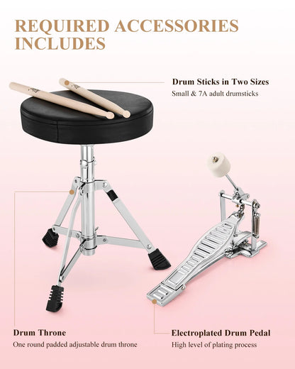 Drum Set for Kids 14 Inch 3-Piece Drums Kit Child Beginners Jazz Musical Instrument, Throne, Cymbal, Pedal, Drumsticks, Red