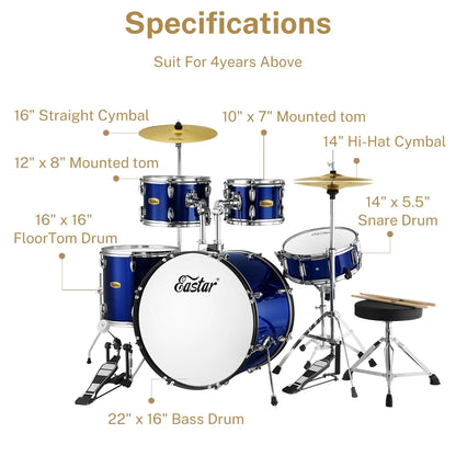 22" 5Pcs Adult Size Drum Set for Beginner Starter Complete Percussion Instrument with Throne, Pedal, Drumsticks, Metallic Blue