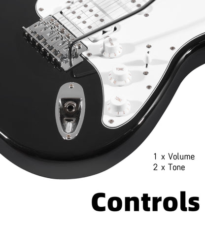 Electric Guitar Solid-Wood Body 39" Beginner Guitar Kit with Amplifier, Bag, Strap, String, Tuner, Cable, Picks and Free Lesson, Black