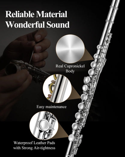 C Flutes 16 Keys Closed Hole Flute for Beginner Kids Student Musical Instrument with Cleaning Kit, Carrying Case, Stand, Glove,Tuning Rod, Nickel, EFL-1