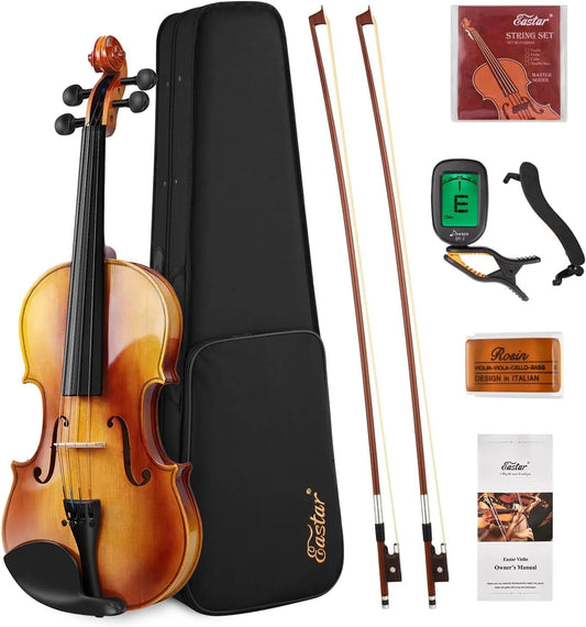 4/4 Violin Set for Adults Solidwood Full Size Fiddle with Hard Case, Shoulder Rest, Rosin, Two Bows, Clip-On Tuner and Extra Strings, EVA-330