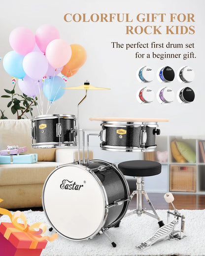 Kids Drums Toys 3 Piece 14 in Percussion Musical Instrument, Drumming Kit for Beginners, Metallic Black
