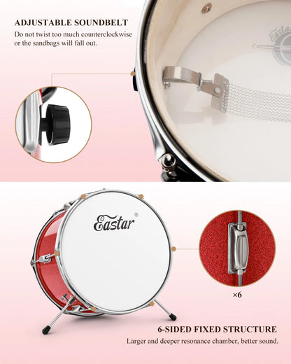 Drum Set for Kids 14 Inch 3-Piece Drums Kit Child Beginners Jazz Musical Instrument, Throne, Cymbal, Pedal, Drumsticks, Red