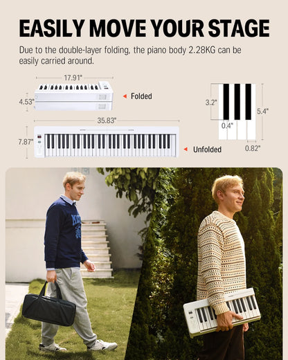 61-Key Folding Bluetooth Keyboard Piano for Beginners, Portable Piano Keyboard with Music Rest, Bag, Pedal, and App - White