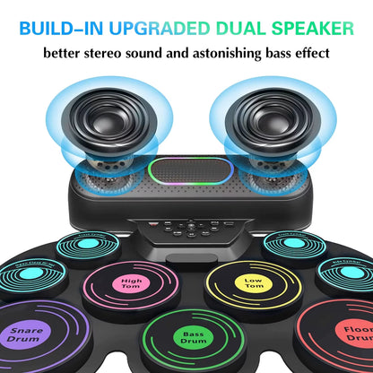 Electronic Drum Set for Kids Adults,9 Pads Portable MIDI Roll-Up Drum Kit with Dual Speakers/Headset Jack/Drumsticks/Foot Pedals