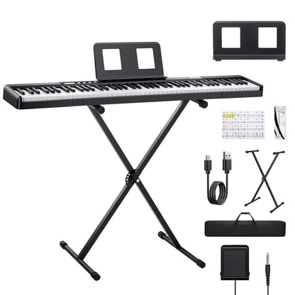 Piano Keyboard 88 Keys, Velocity-Sensitive Digital Keyboard Piano for Beginner, Portable Electric Piano with Stand, Sustain Pedal, Black, DEP-1