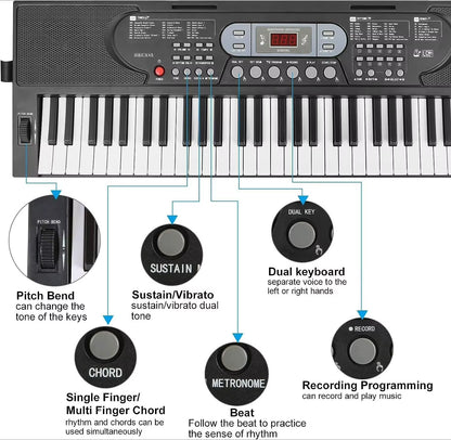 61 Keys Piano Keyboard,With Microphone Piano Note Sticker Power Supply Music Stand Electronic Digital Keyboard Gift