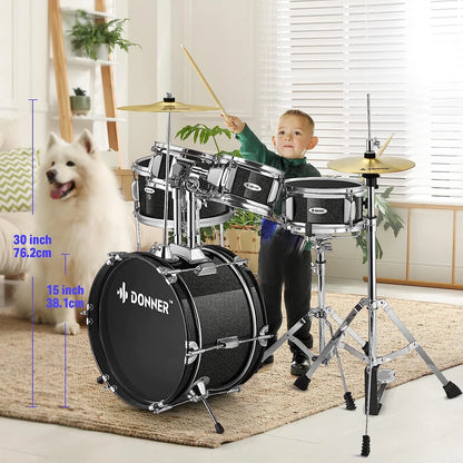 Kids Junior Drum Set for Beginner, 14" 5-Piece Percussion Instrument Practice Learning, Black